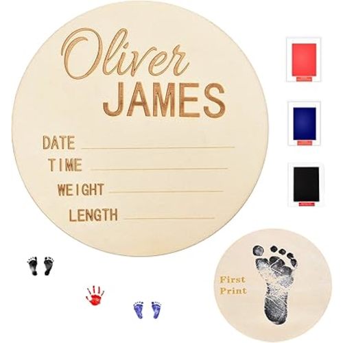 Newborn Announcement Sign Wooden for Baby Name and Birth Details for Hospital Custom Photo Baby Announcement Sign Fingerprint Footprints can be Left on The Back (4-6inch)
