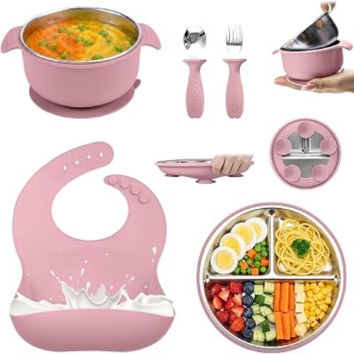 5-in-1 Stainless Steel Baby Feeding Set with Suction Plate & Spoon