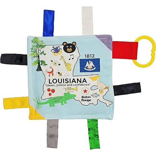 Jack & Co 8x8' Learning Lovey Tag Toys - Soft & Safe - Learn USA State Facts - Ideal Baby Toy BPA Free w/Stroller Clip (Louisiana)