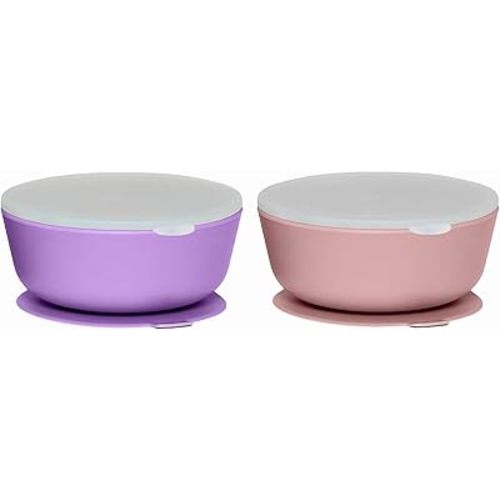 WeeSprout Suction Bowls for Baby & Toddlers (Set of 2) - 100% Silicone w/Plastic Lid - Leak Proof Feeding Supplies - Dishwasher & Microwave Safe Infant Dinnerware w/Extra Strong Base
