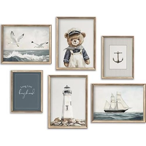 BMFLFWXE Vintage Nautical Nursery Wall Art Boy Coastal Canvas Posters Teddy Bear Sailor Pictures Navy Blue Ocean Sailboat and Lighthouse Painting Print Artwork for Kids Boy Room Playroom, Unframed