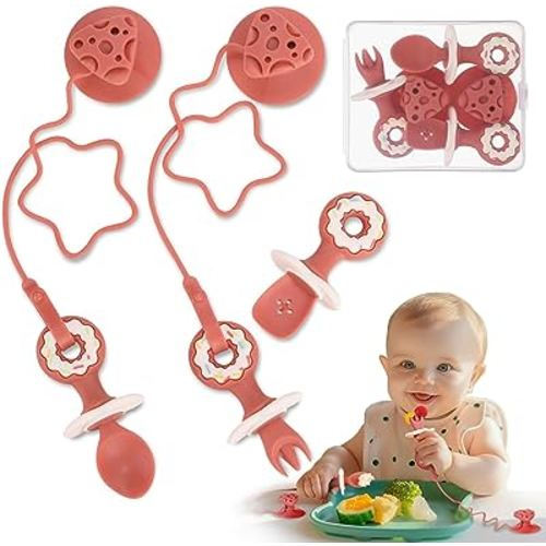 3 Pack Baby Fork and Spoon Set Suction Baby Self Feeding Utensils 6-12 Months Anti-Dropping Training Spoons For Baby Led Weaning, Silicone Toddler Utensils Feeding Supplies First + Second Stage, Red