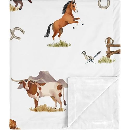 Sweet Jojo Designs Western Cowboy Boy Soft Baby Blanket Receiving Security Stroller Swaddle Toddler Newborn Infant Kids Travel Warm Minky Wild West Southern Charm Country South Horse Cow Farm Animal