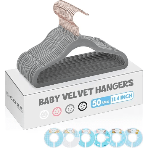 Cozymood Velvet Baby Hangers for Closet 50 Pack with 6 Pcs Size Dividers, Non-Slip Baby Clothes Hangers 11 Inch, Ultra-Thin Small Hangers for Kids Clothes, Space Saving Velvet Toddler Hangers, Grey