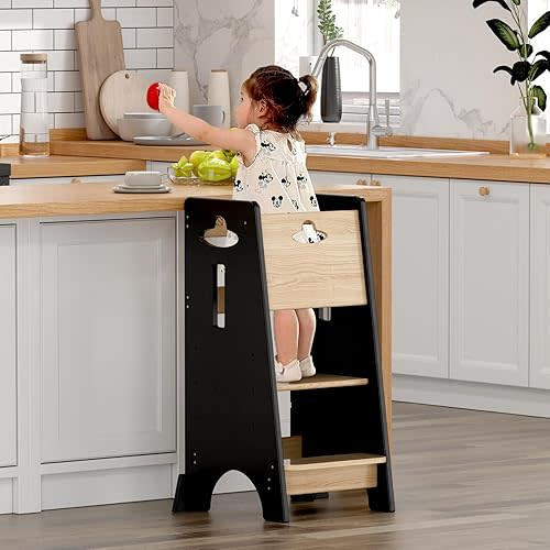 COSYLAND Toddler Standing Tower Adjustable Height - Super Stable Kids Kitchen Stool Helper - 3 Levels Adjustable Wooden Toddler Kitchen Stool (Natural & Black)