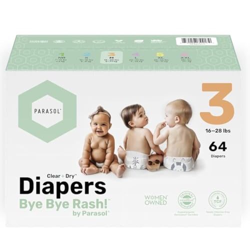 PARASOL Clear+Dry Disposable Diapers | RashShield Protection, Leakproof Design, Hypoallergenic Diaper Set (Size 3 (64 Count))