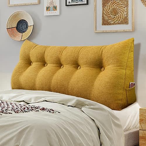 WOWMAX Ergonomics Headboard Pillow for Full Size Bed, Multifunctional Upholstered Headboard Pillows, Portable Dorm Room Head Boards No Need to Assembly Yellow