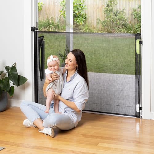 Retractable Baby Gate Perma Child Safety 41" Tall x 71” Wide, Mesh, for Stairs, Doorways, Dogs, Pets, Indoor, Outdoor, One-Handed Operation, Locking, Easy Install, Hardware Mount, Black