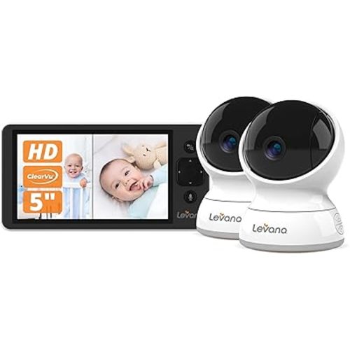 Levana Ella Video Baby Monitor, 5'' 720P Screen, 2 PTZ Cameras, 4 Days Battery Life, 3800mAh Battery, Night Vision, Two-Way Talk, No WiFi, 1000ft. Long Range Baby Monitor