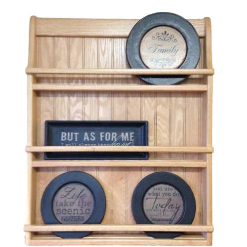 Wall Hanging Plate Rack or Bookshelf Oak Wood , Kitchen Spice Rack and Recipe CookBook Shelf