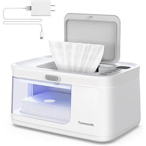 Baby Wipe Warmer Baby Wet Wipes Dispenser, Tenmonth Diaper Wipe Warmer with LED Changing Light & Transparent Viewing Window, Adjustable 95℉-131℉, Temperature Display, Newborn Essentials