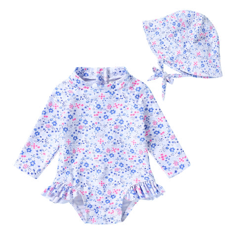 Younger Tree Infant Baby Girl One-Piece Swimsuit Long Sleeve Rash Guard Swimwear Hat Bathing Suit Set for 0-3 Months