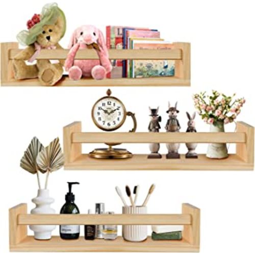 birola Nursery Shelves Set of 3,Wood Nursery Book Shelves for Wall,Book Shelf Organizer for Kids,Wall Bookshelves for Kids(Nature)