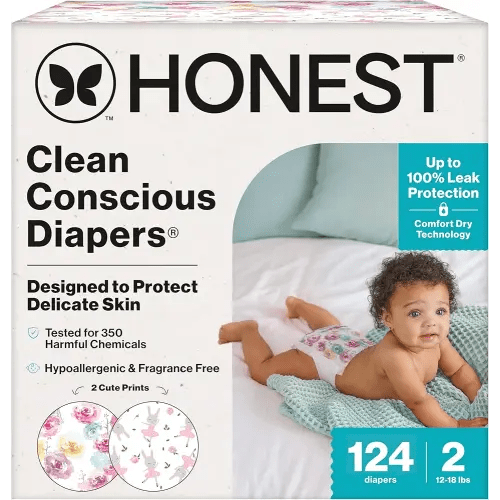The Honest Company Clean Conscious Diapers for Delicate Skin | Up to 100% Leakproof | Hypoallergenic, Fragrance Free | Girl Prints | Super Club Box, Size 2 (12-18 lbs), 124 Count (Prints May Vary)