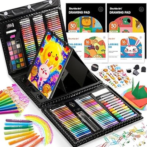 Shuttle Art 335 Piece Kids Art Set, Multi-Media Art Supplies, Gift Art Kit with Trifold Easel, 2 Drawing Pads, 2 Coloring Books, Oil Pastels, Crayons, Watercolors, Markers, Colored Pencils (Black)