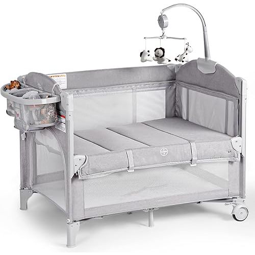 Baby Bassinets Bedside Sleeper, 4 in 1 Portable Bedside Crib w/Thickened Mattress, Diaper Changer, Storage Basket, Music Box, Carry Bag, Foldable Playard Sleeper for Newborn (Light Gray)