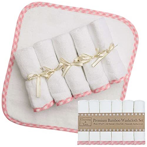 Channing & Yates Premium Boutique Baby Washcloths - (6-Pack) Organic Viscose Made from Bamboo Wash Cloths 2X Thick & Soft - Helps Eczema - Adult Face Washcloths - (Pink on White)