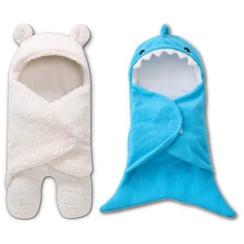 BlueMello Bear Swaddle Blanket & Shark Swaddle Blanket Bundle | Ultra-Soft Plush Essential for Infants 0-6 Months | Ideal Newborn Registry and Toddler Boy Accessories| Perfect Baby Girl Shower Gift