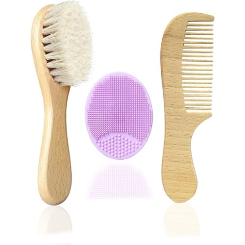 Baby Hair Brush with Wooden Handle and Comb Set for Newborns & Toddlers | Natural Soft Goat Bristles l Wood Comb l Purple Silicone Brush| Ideal for Cradle Cap (3 Piece)