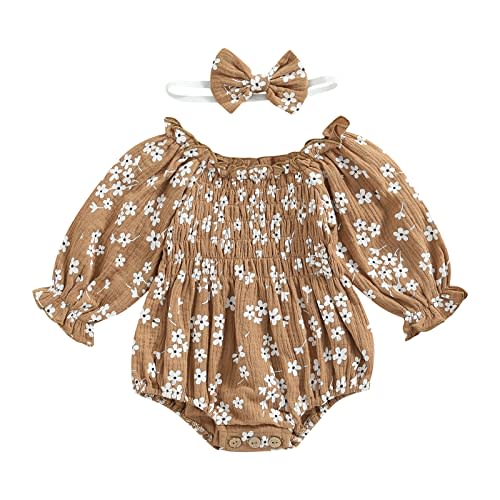 2pcs Infant Baby Girls Romper Dress Headband Long Sleeve Clothing Flowers Newborn Boho Girl Outfit Jumpsuit Clothes