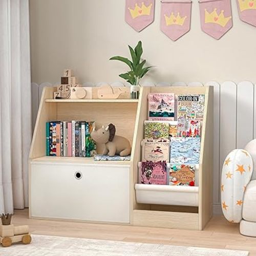 TOETOL Kids Bookshelf & Book Storage，4 Sling Wooden Toddler Book Shelf，2-Tier Wooden Open Bookcase & Storage Organizer Boxes for Nursery, Playroom, Bedroom