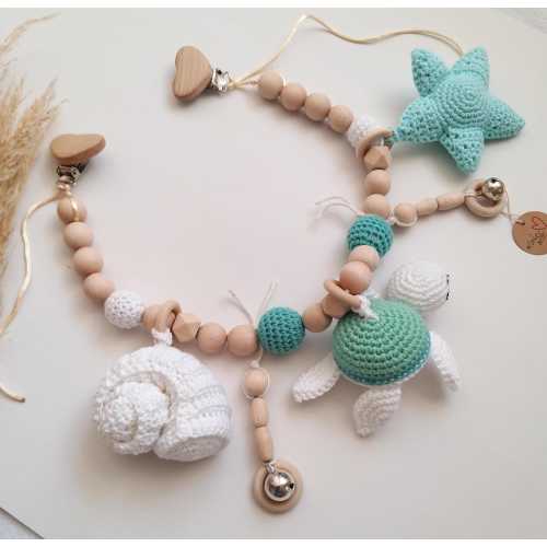 Sea Stroller chain Pram garland for New mom gift basket Wooden Stroller mobile toy New Baby shower gift Crochet Seaturtle Seashell Starfish