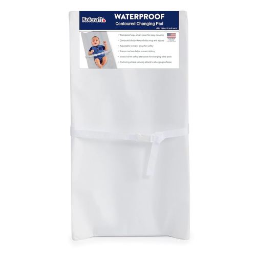 Kolcraft Waterproof Contoured Wipeable Baby Diaper Changing Pad for Dresser or Table, Durable Easy Clean Surface, Soybean Enhanced Foam, Safety Restraint Belt & Straps, Made in USA, White, 16' x 32'
