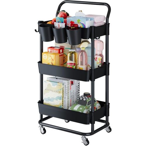 Buzowruil 3-Tier Rolling Utility Cart, Storage Cart with Handle Multi-Purpose and Locking Wheels,with Hanging Basket and Hook for Office, Kitchen, Bathroom,Black