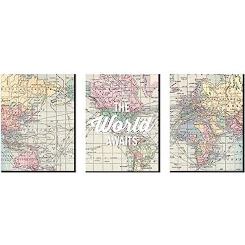 Big Dot of Happiness World Awaits - Nursery Wall Art, Kids Room Decor and Travel Map Home Decorations - Gift Ideas - 7.5 x 10 inches - Set of 3 Prints