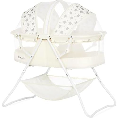 Dream On Me Karley Portable Newborn Bassinet with Double Mesh Canopy, Foldable Travel Bassinet with Storage Basket, Lightweight, Indoor Outdoor Use, French White