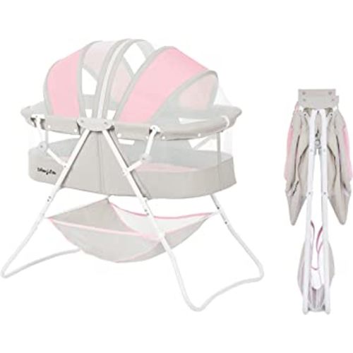 Karley Baby Bassinet in Grey and Pink, Lightweight Portable, Quick Fold and Easy to Carry , Adjustable Double Canopy, Indoor and Outdoor with Large Storage Basket.