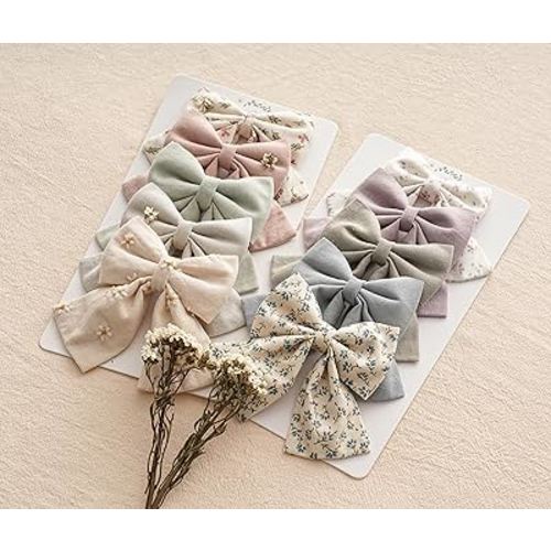 Hair Bows with Hair Clips for Girls Toddler Baby,Handmade 5" Flower Print Embroider Big Bows,FANCY CLOUDS Boutique Hair Accessorioes Gifts for School Kids