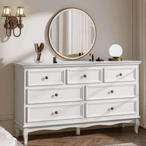 RoyalCraft Dresser for Bedroom, 7 Drawers Dresser with Distinctive Wooden Legs & White Paint Finish, Black Drawer Dresser with Spacious Storage Space for Bedroom, Living Room, Hallway