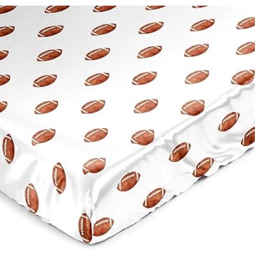 Sweet Jojo Designs Brown and White Football Boy Baby Satin Fitted Crib Sheet for Infant Newborn Nursery Toddler Bed Room Standard Mattress - for Sports Theme Watercolor Vintage Sport Themed Collection