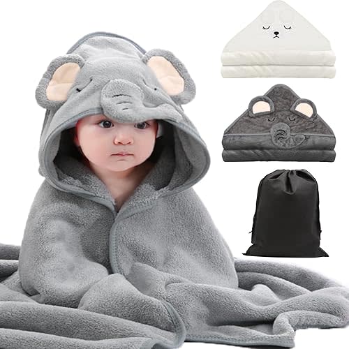 VEGCOO 2 PCS Baby Hooded Towels Newborn, 80*80 CM Hooded Baby Towel Girl Boy, Ultra Soft Hooded Bath Towel for Baby, Absorbent Newborn Essentials Baby Bath Towel, Baby Towels with 30*40 CM Storage Bag
