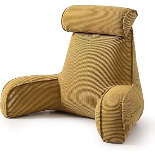 Bed Rest Reading Pillow, Backrest Pillow with Arms, Corduroy Back Support Cushion with Side Pockets & Washable Cover, for Sitting Up in Bed, Sofa Relaxing & Watching TV, Mustard Yellow