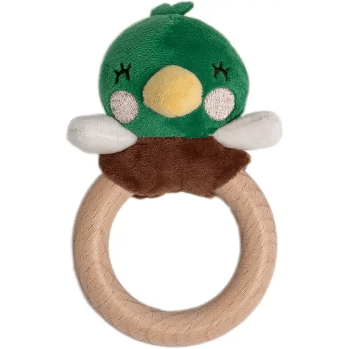 Pearhead Mallard Duck Wooden Teething Ring, Easter Basket Stuffers, Soft Plush Lovey Baby Teether, Natural Wood Infant Rattle Toy for Teething Relief, BPA-Free Newborn Teether Ages 0m+