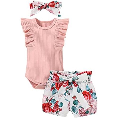 Baby Girl Clothes Infant Summer Outfits Set Ruffle Sleeve Romper Floral Pants 3PCS Bodysuit +Shorts +Headband