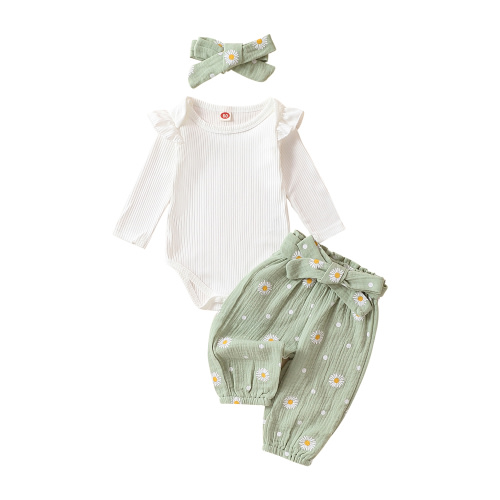 Qtinghua Newborn Baby Girls Fall Clothes Long Sleeve Ruffle Romper Daisy Print Belted Pants Headband Set Green 3-6 Months