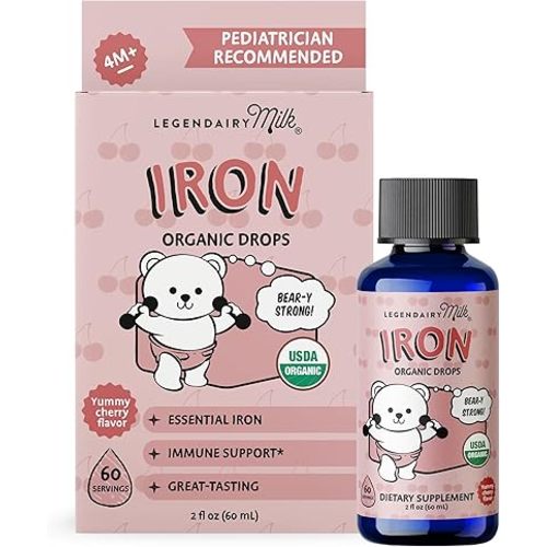 Legendairy Milk Organic Liquid Iron Supplements for Kids - Sugar Free Liquid Iron for Kids - for Ages 4 Months to 3 Years - Cherry Flavor, 60 Servings