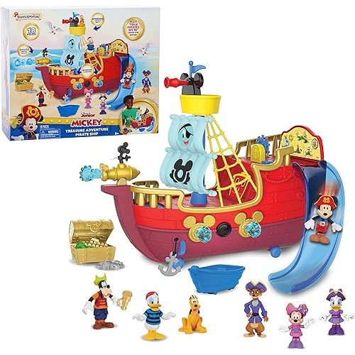 Disney Junior Mickey Mouse Funhouse Treasure Adventure Pirate Ship with Bonus Figures, 18-Piece Toy Figures and Playset, Kids Toys for Ages 3 Up, Amazon Exclusive by Just Play