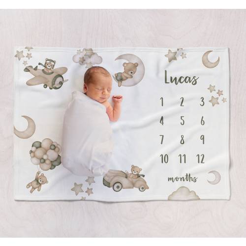 Personalized Teddy Bear monthly milestone baby boy blanket