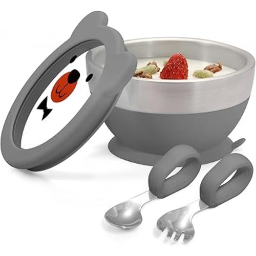 MR. CHOU Baby Bowl Set with Spoon & Fork, Insulated Double-Layer 18/8 Stainless Steel Toddler Bowls with Silicone Suction Cup & BPA Free Airtight Lids, Food Grade Infant Self-Feeding Bowl, Gray