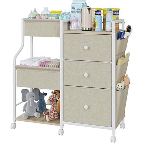 3 Tier Baby Diaper Caddy Organizer, Rolling Storage Cart with Wheels, Utility Cart Newborn Baby Essentials Storage with Large Capacity Dividers and Drawers for Nursery, Grey