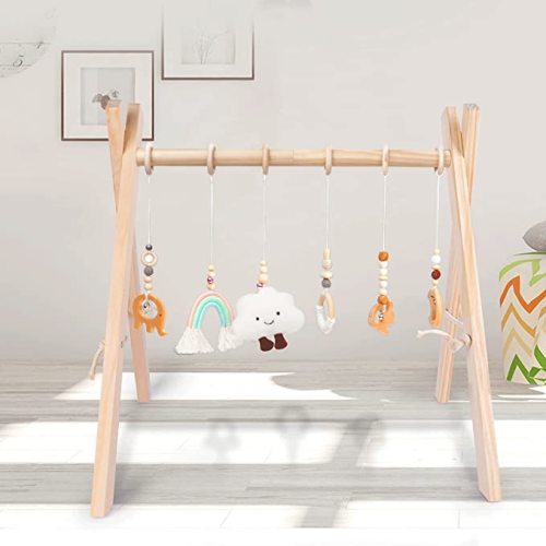 Golener Baby Play Gym Wooden Baby Gym with 6 Infant Activity Toys,Foldable Frame Hanging Bar,Toddler Activity Center with Pull Ring,Wood Gyms for Newborn Gift,Girl and Boy Shower gift,Easy to Assemble