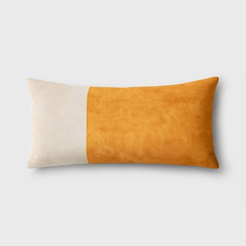 Oversized Colorblock Pieced Suede Lumbar Throw Pillow Gold/Neutral