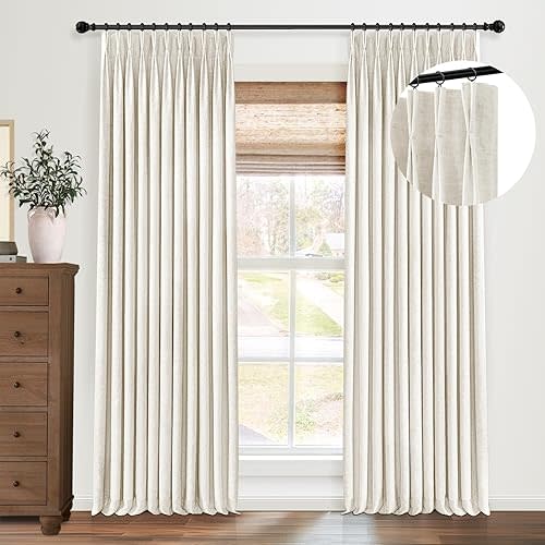 Pinch Pleated Blackout Curtains 96 Inches Long, Linen Blend, 100% Blackout Drapes with 20 Hooks, Ideal for Bedroom and Living Room, 40" W x 96" L (Pack of 2), Natural
