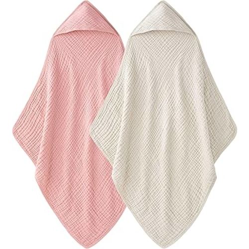 Hooded Baby Towels for Newborn - 2 Pack, 100% Muslin Cotton, Baby Bath Towels with Hood, Soft and Absorbent for Girls Infant, Toddler and Kids, Large 32x32 Inches, Newborn Essential