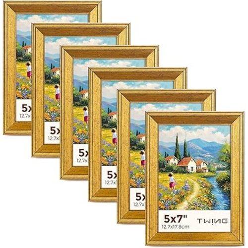 TWING 5x7 Gold Picture Frames Set of 6,Rustic Gold Frames Display Pictures 4x6 with Mat or 5x7 Without Mat,Tabletop Display and Wall Mounting Home Collage Photo Frame,Set for Wall Gallery
