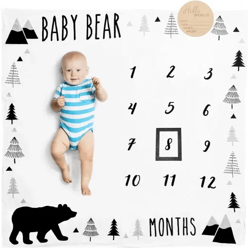 Organic Baby Monthly Milestone Blanket Boy - Baby Bear Months Blanket with Month Marker Frame and Newborn Announcement Disc - Growth Age Blanket for 1-12 Months Milestones, Woodland, 47”x47”